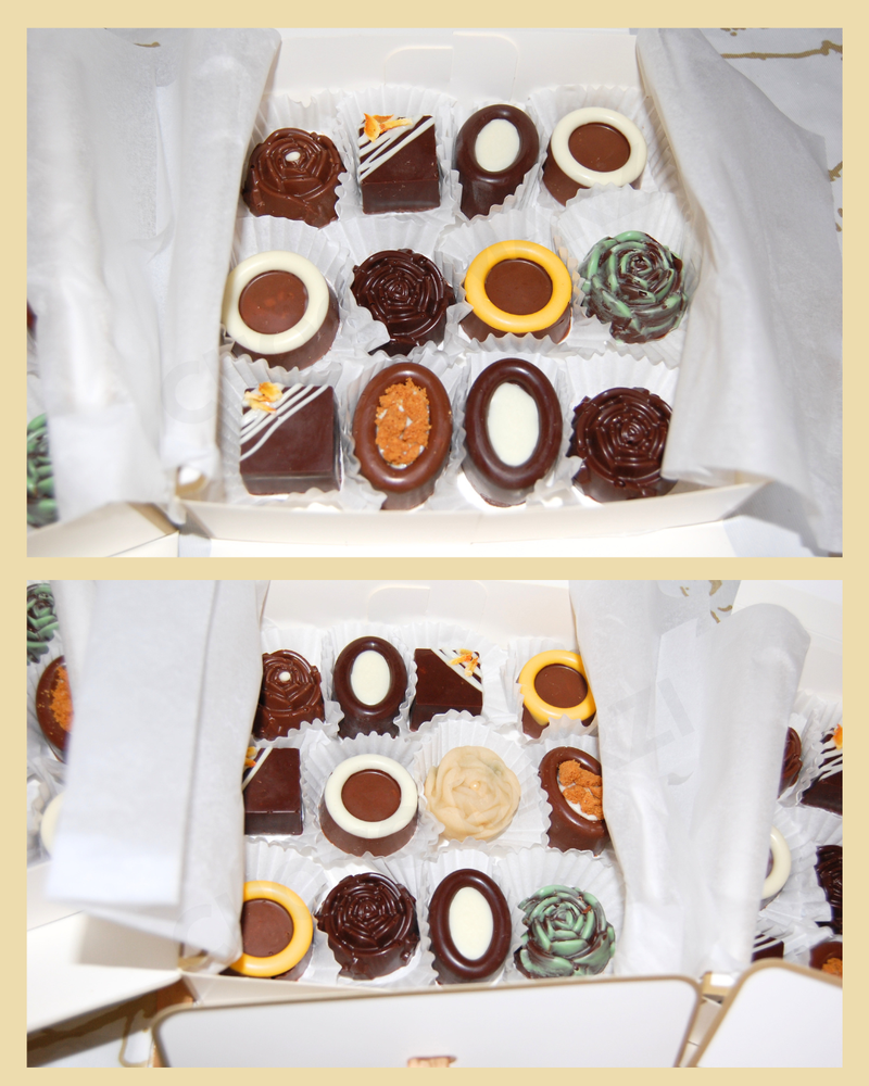 An open white gift box lined with white tissue paper, filled with assorted gourmet chocolates and truffles in various shapes and colors, shown in a two-panel collage.