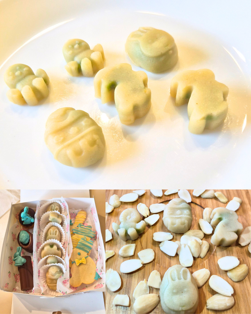 A collage showing pale yellow-green molded cookies or biscuits on a white plate, in a decorated box, and scattered on a wooden surface with sliced almonds.