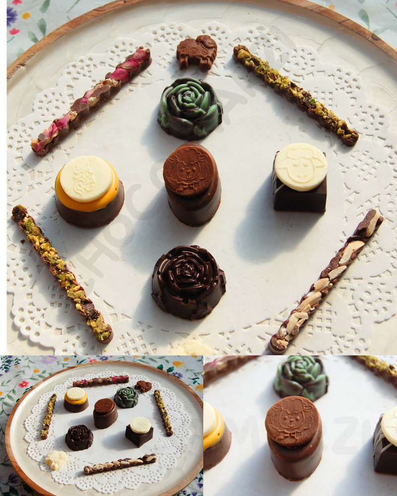 An assortment of gourmet chocolates and chocolate-covered sticks arranged on a white lace doily over a floral plate, shown in a collage view with close-up inset details.