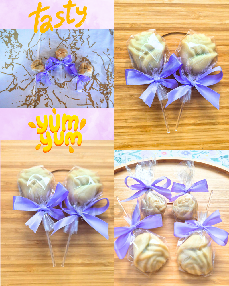 A four-panel collage showing several lollipop-style treats wrapped in clear cellophane and tied with light purple ribbons, arranged on a wooden surface. Two panels include decorative text overlays reading 'tasty' and 'yum'.