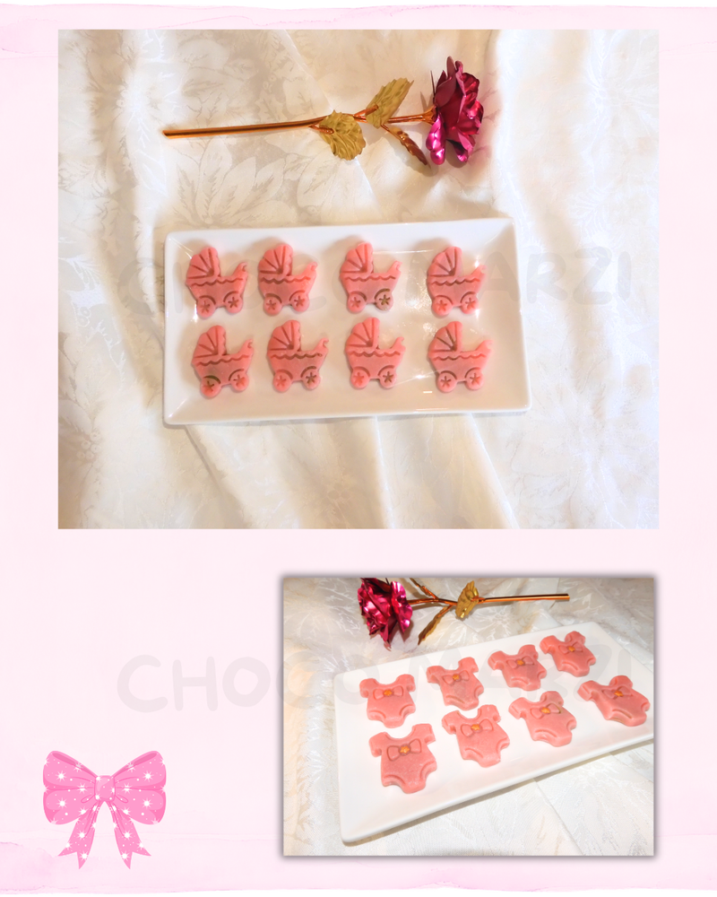 Pink baby carriage-shaped cookies arranged on a white rectangular plate, styled with a decorative pink rose on a white fabric background. The image is a collage with the same photo shown twice, framed by a pale pink border with a pink bow graphic.